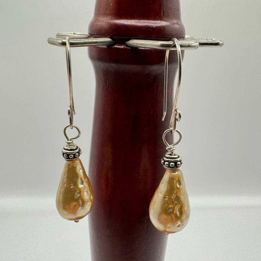 Handmade Golden Teardrop Pearl Earrings | Silver Hook Dangle Jewelry